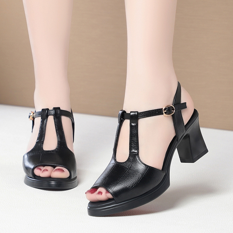 Sandales noires en cuir à brid - Formal Women Daily Wear Sandals avis et prix